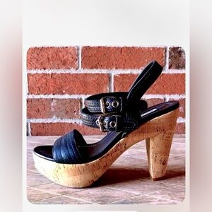 MIU MIU Italy Black Nappa Leather Cork Platform Sandals 7 MSRP $1050